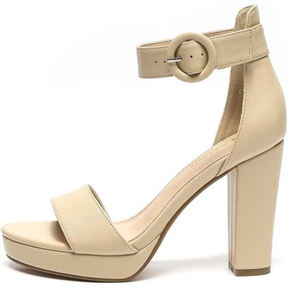 Amoji Women Pu-nude Faux Suede Open Toe High Heel Chunky Platform Sandals - Picture 2 of 8